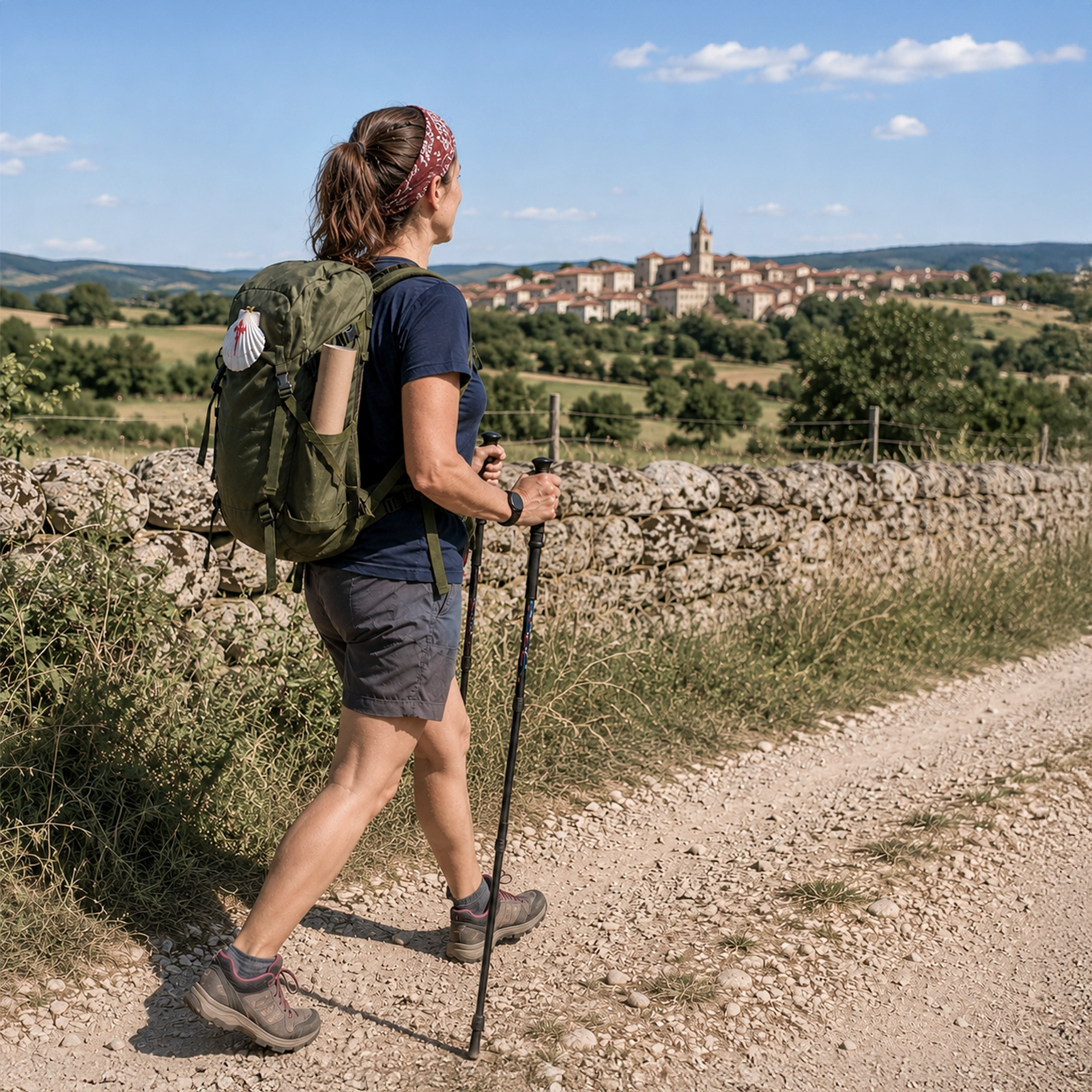 Peregrina caminando con el tubo del mapa, frente a un pueblo del Camino