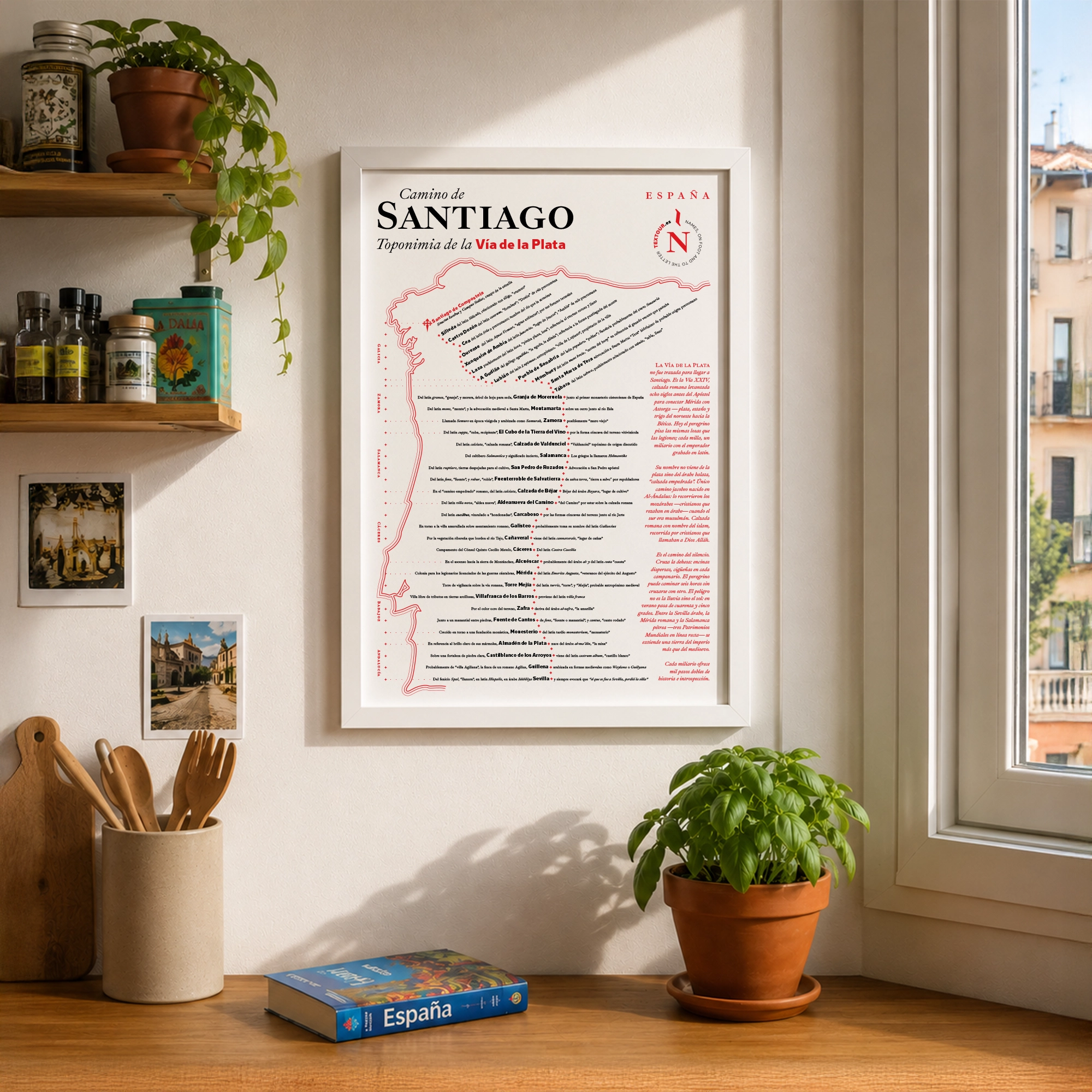 Mapa del Camino francés enmarcado en una cocina