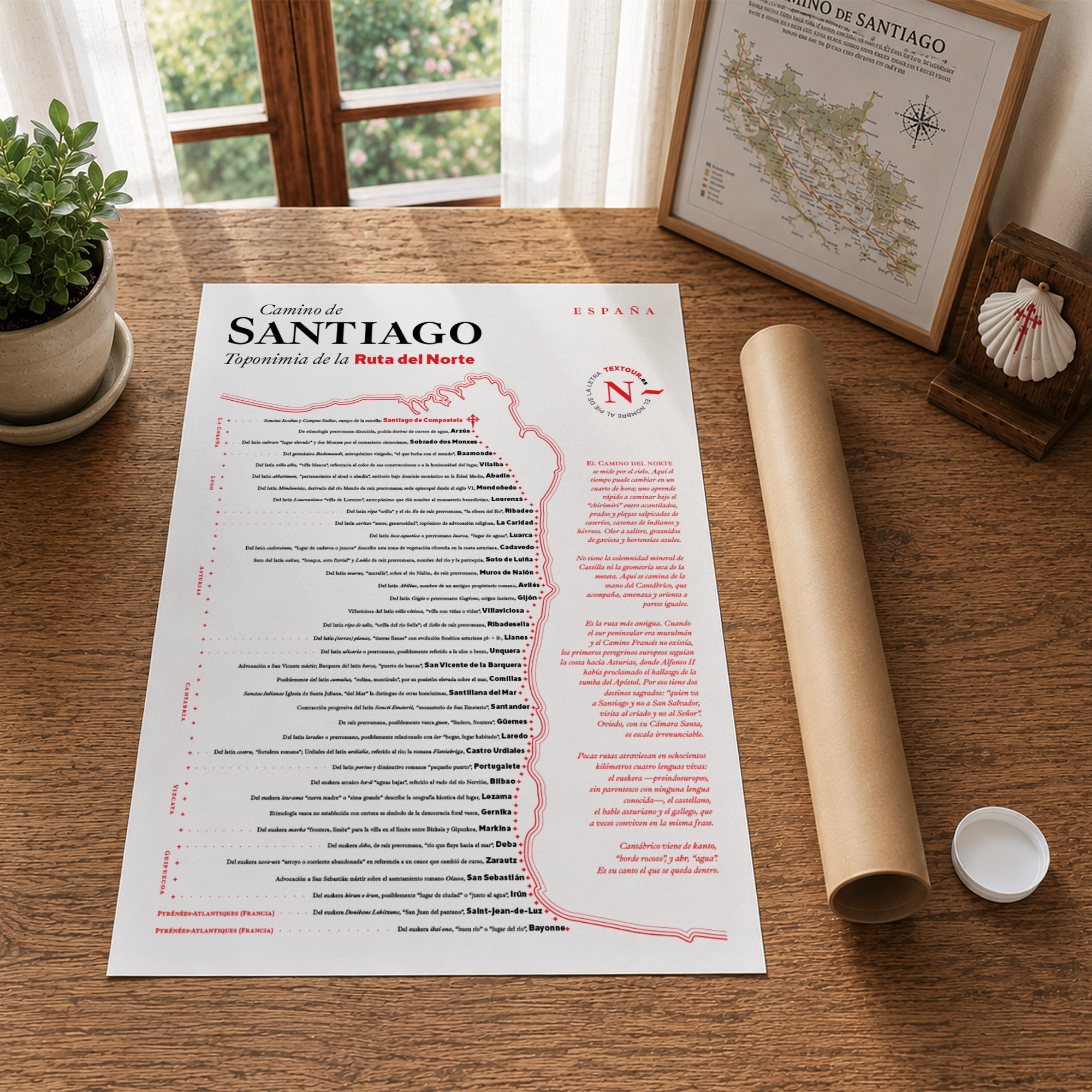 Mapa del Camino extendido en una mesa, junto al tubo y la concha de Santiago
