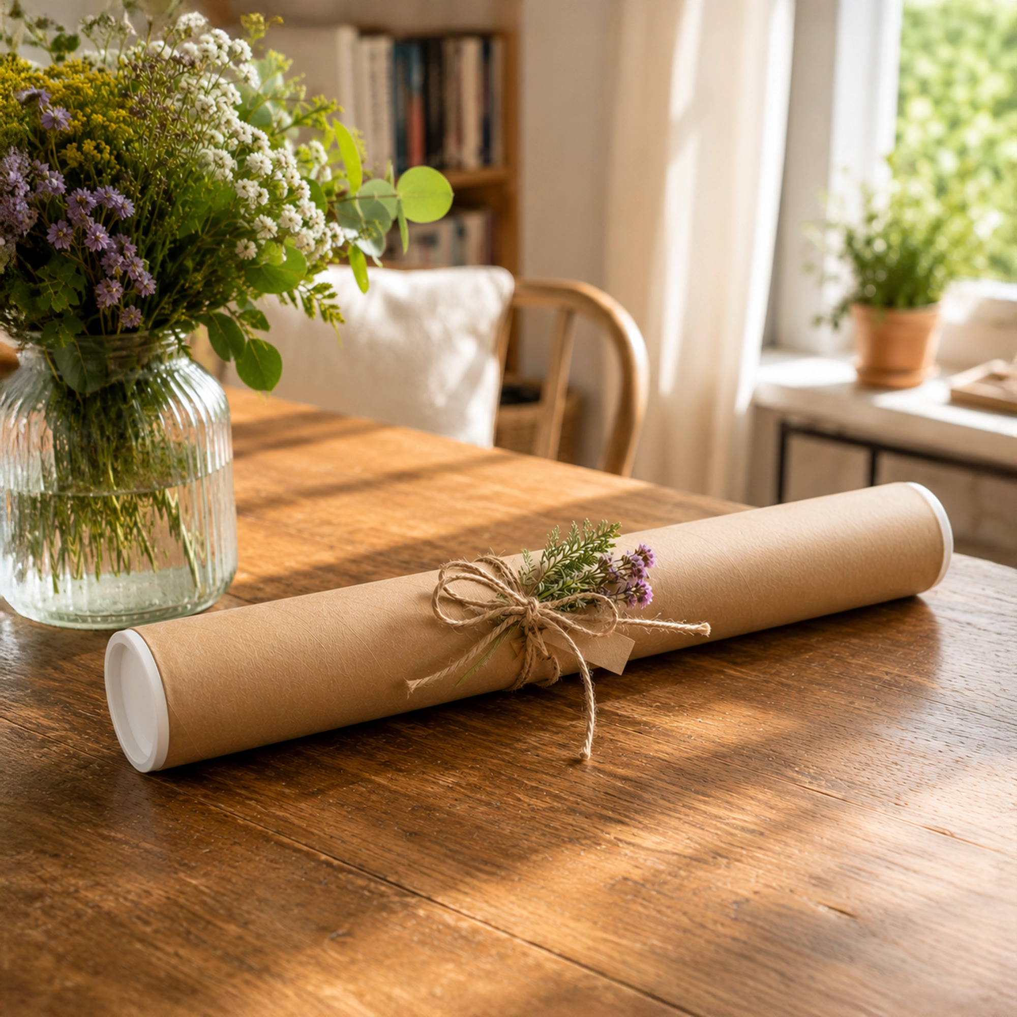Tubo del mapa envuelto con cordel y flores silvestres, listo para regalar